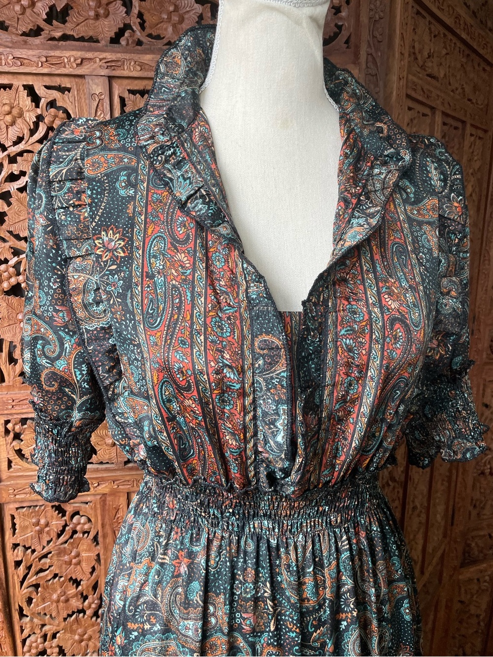 Vintage Boho Festival Western Paisley Tiered Ruffle Maxi Dress - Picture 9 of 16